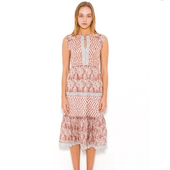 ULLA JOHNSON Silk Georgette Tropez Paisley Print Tiered Midi Dress Cream Combo